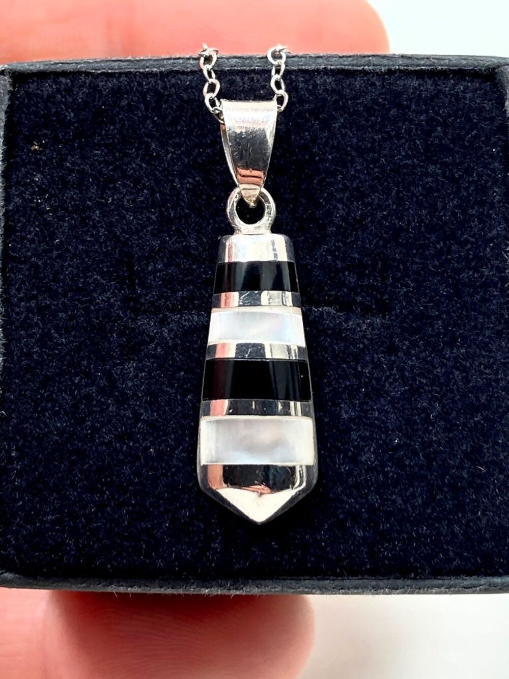925 Sterling Silver Genuine Onyx & MOP Necklace (16 inch)